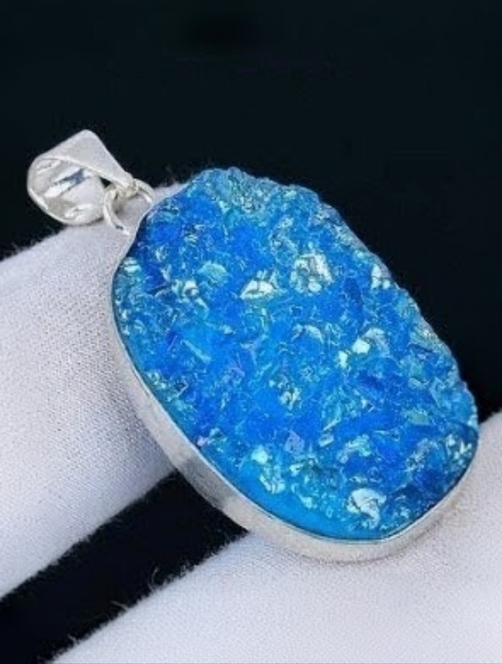 Blue Titanium Druzy Quartz Gemstone 925 Sterling Silver Pendant Necklace